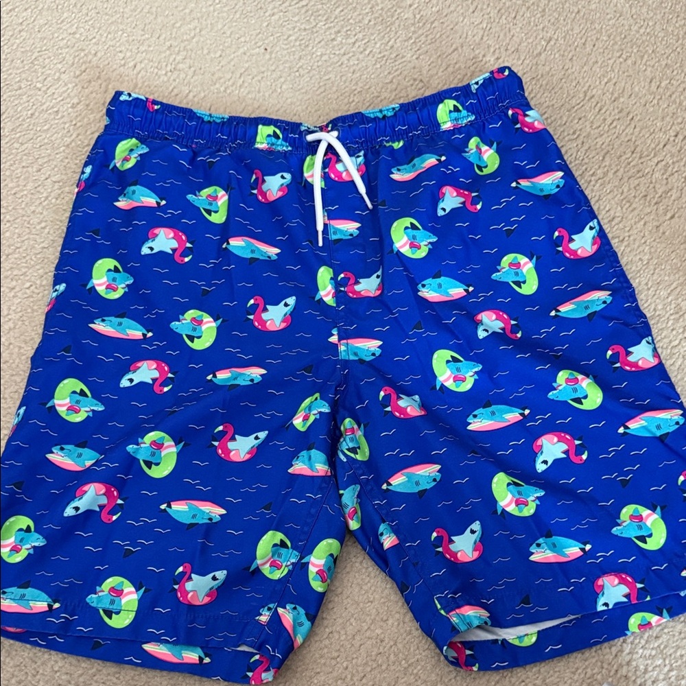 Boy’s aBlue Swim Shorts with Colorful Surfboard/Shark Print